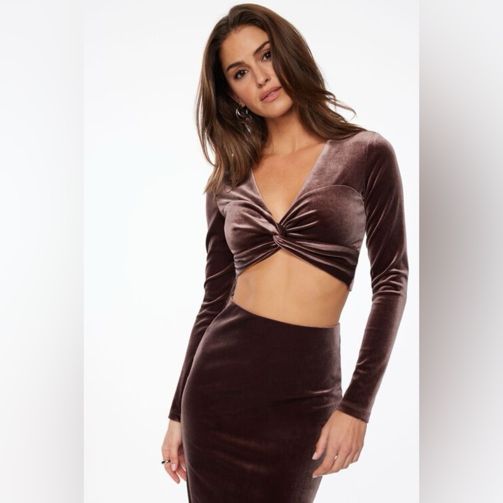 Dynamite Velvet Deep V Brown Long Sleeve Crop Top Size Small